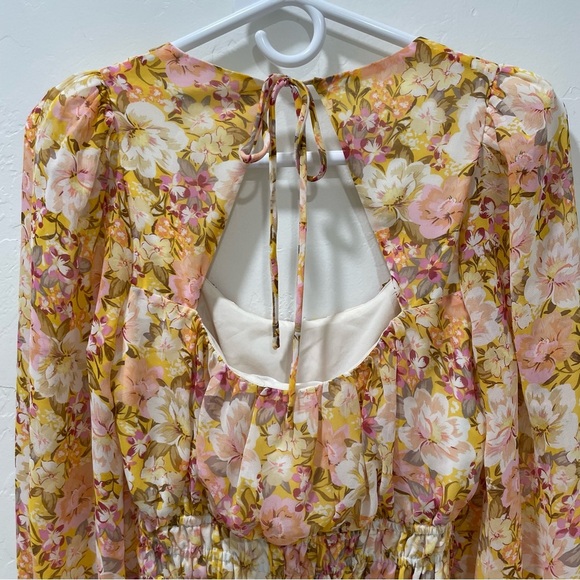 ASTR The Label Women's Small Dress Smoked Waist Ruched Yellow Peach Floral - Picture 10 of 16